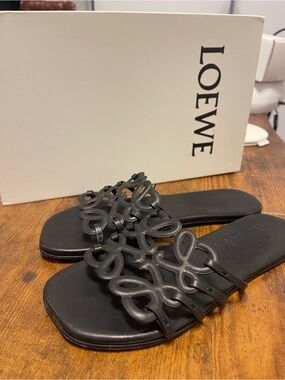 Loewe Black Leather Anagram Slide Sandals
